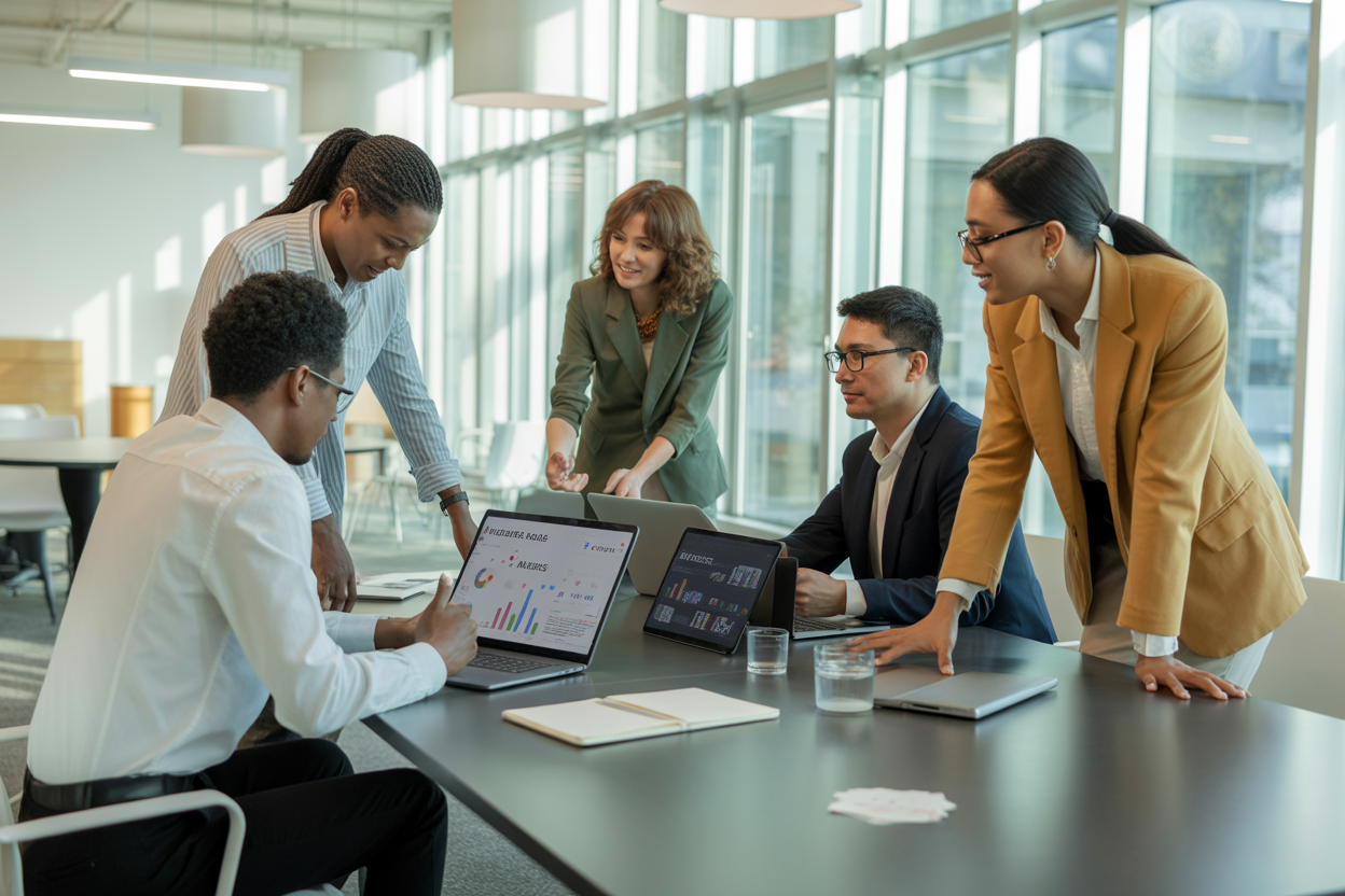 Diverse leadership team planning a CMO influencer marketing strategy in a modern office.
