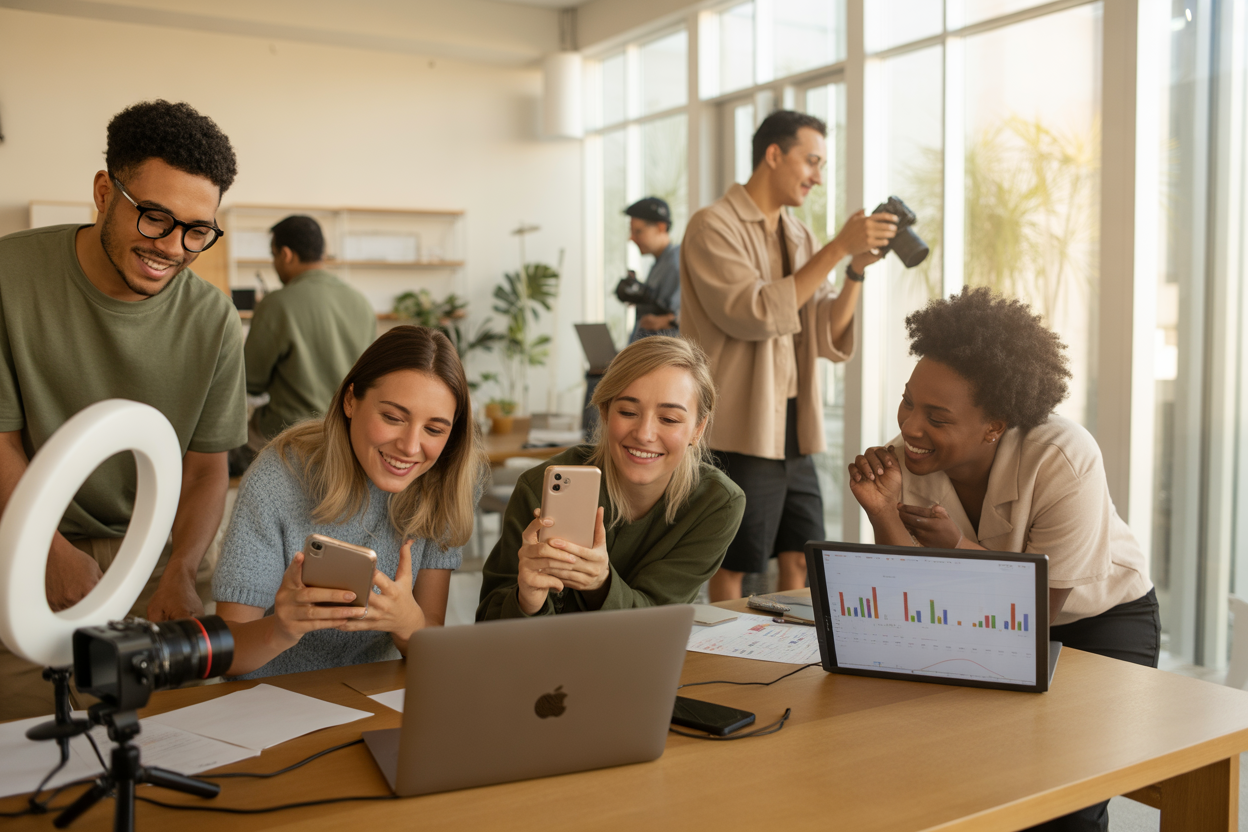 An influencer partnership retainer shown through diverse creators working with brands on long-term content.