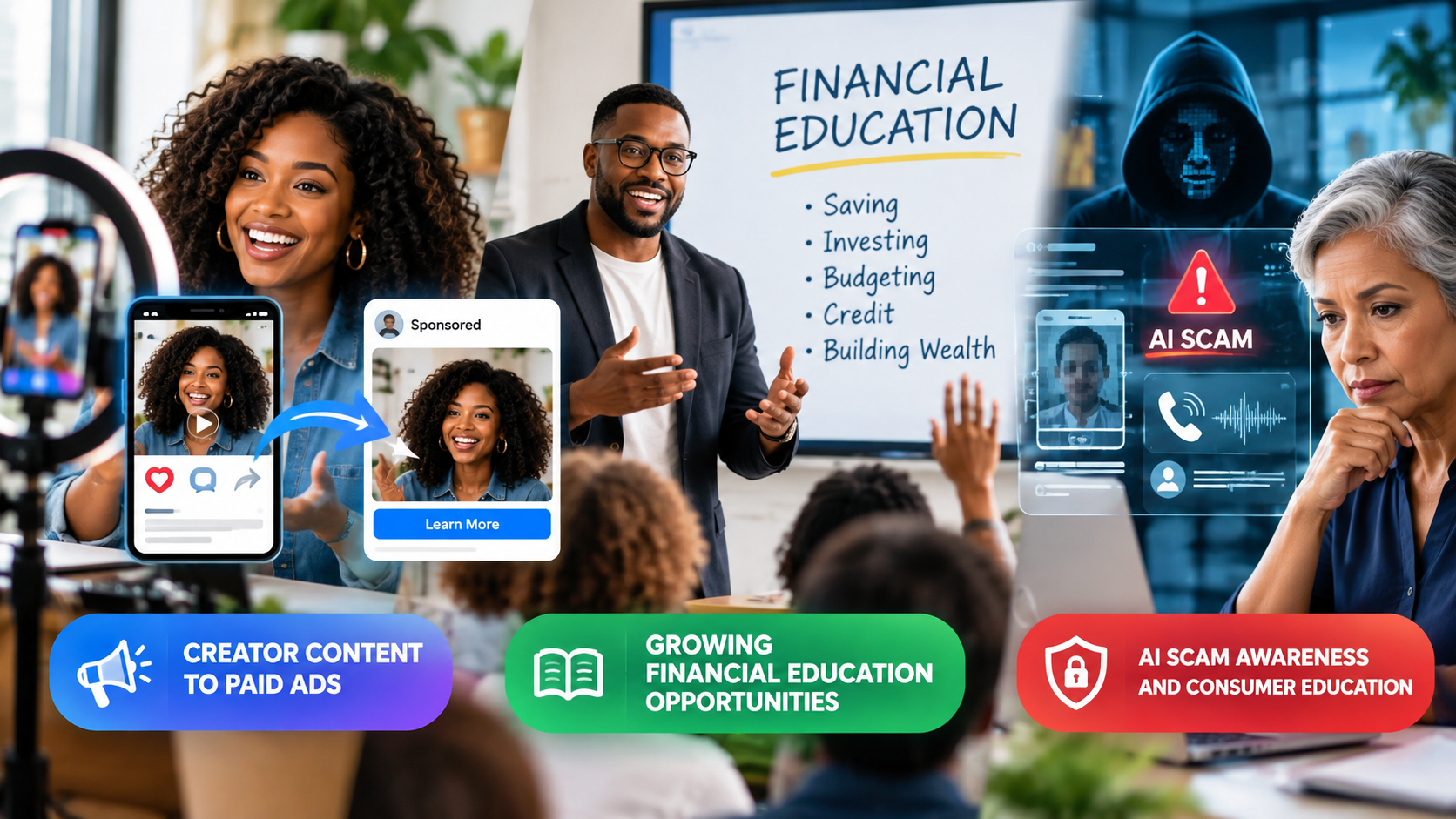 Diverse financial creators and educators shown discussing paid social advertising, financial education opportunities, and AI scam awareness.